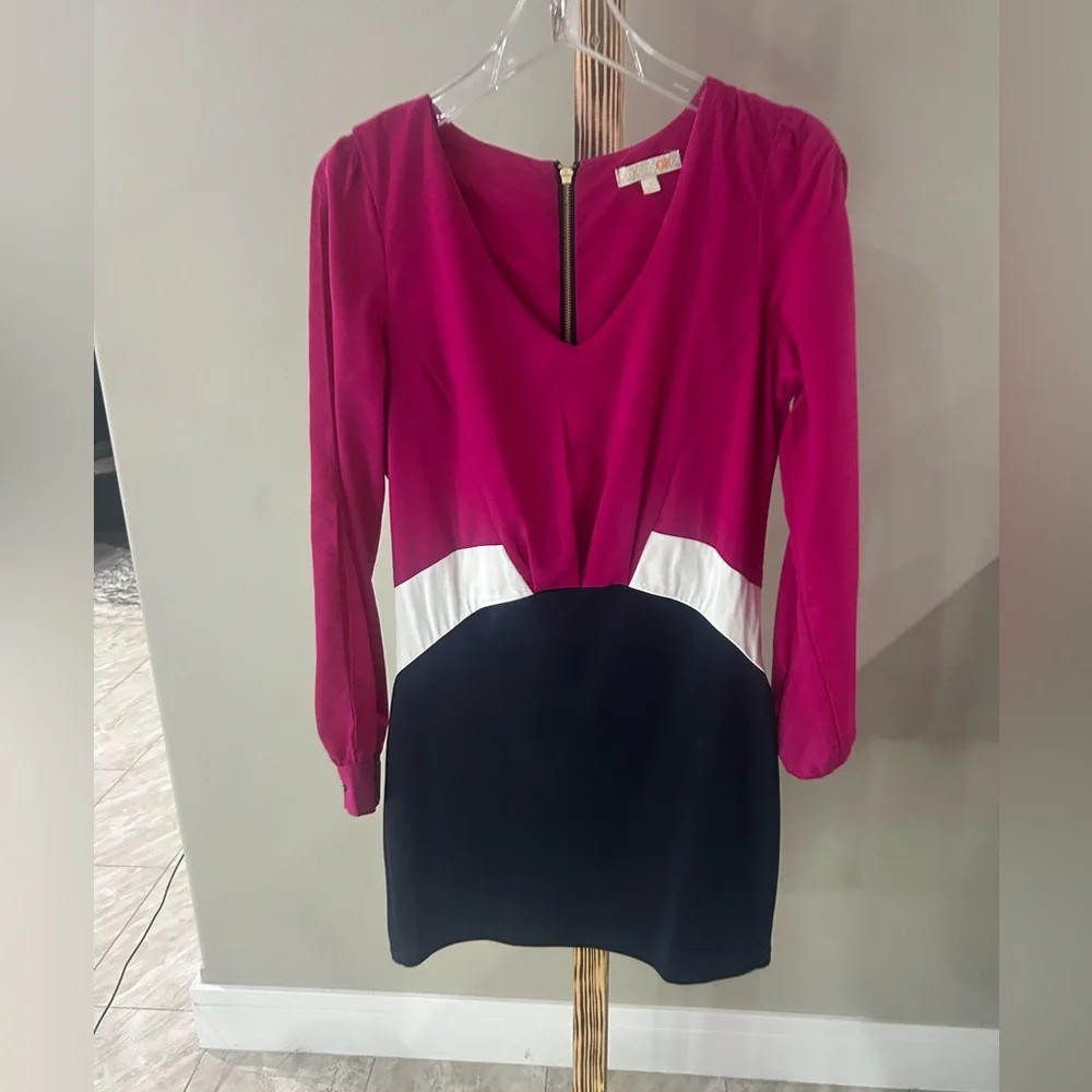 Gianni Bini Pink White Navy Colorblock V-Neck Long Sleeve Dress Size 9 - Picture 4 of 8
